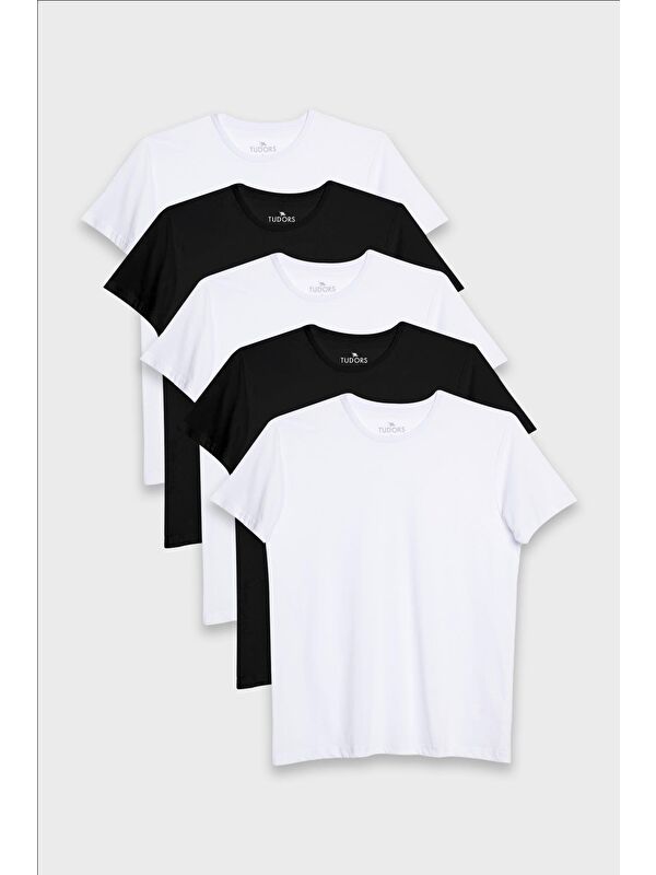 TUDORS Unisex 5'Li Paket Siyah-Beyaz Slim Fit Dar Kesim %100 Pamuk Bisiklet Yaka Tişört