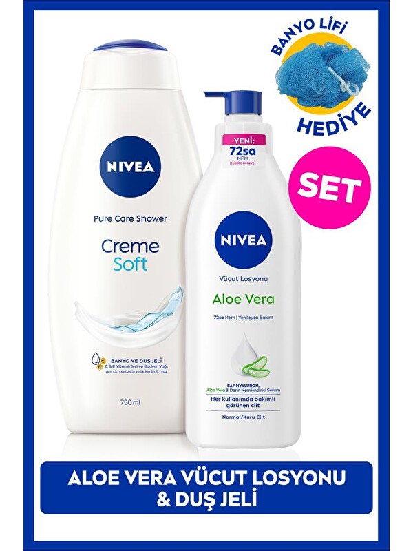 NIVEA Creme Soft Duş Jeli 750ml ve Aloe Vera Derinlemesine Nemlendirici Vücut Losyonu 400ml, Bakım Seti