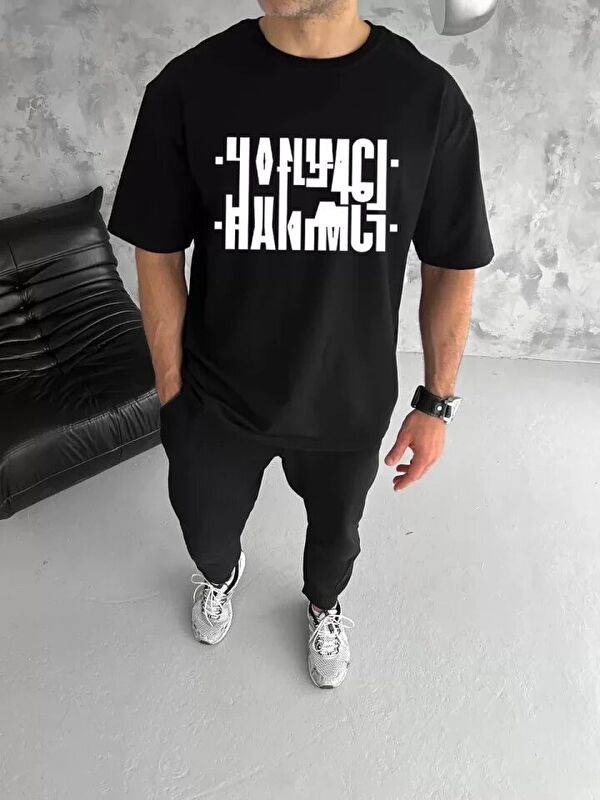 Jane's Unisex Bisiklet Yaka Katlanan Baskılı T-Shirt - Siyah