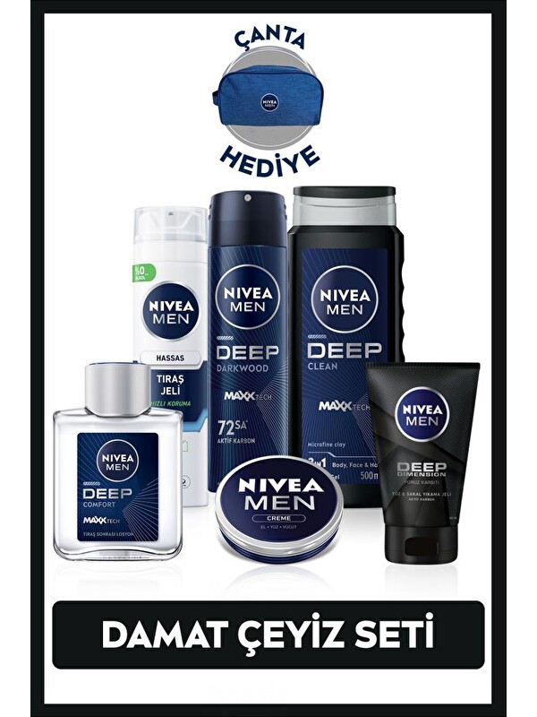 NIVEA MEN Erkek Çeyiz Seti, Deodorant, Tıraş Jeli, Duş Jeli, Losyon, Yüz Temizleme Jeli, Krem,Çanta Hediye