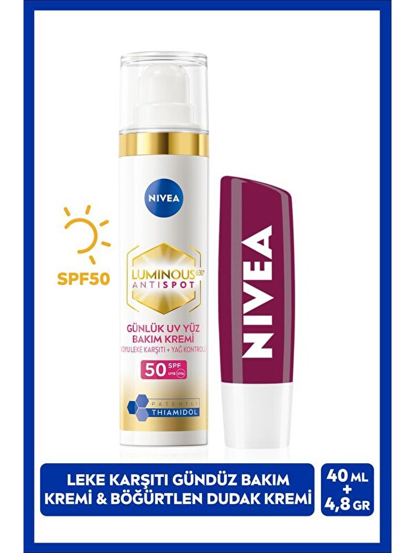 NIVEA Luminous630 Güneş Korumalı Leke Karşıtı Gündüz Yüz Kremi 40ml, Böğürtlen Renkli Dudak Bakım Kremi
