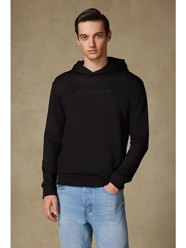ABBATE Örme Kumaş Pamuklu Comfort Fit Siyah Bisiklet Yaka Erkek Nakışlı Kapüşonlu Sweatshirt Hoodie