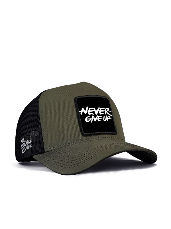 BlackBörk Never Give Up Logolu Haki-Siyah Trucker Şapka