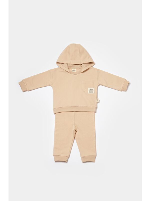 Magu Unisex Bebek Pamuklu Bej Kapüşonlu Eşofman Takımı - Cep Detaylı Sweatshirt Ve Alt
