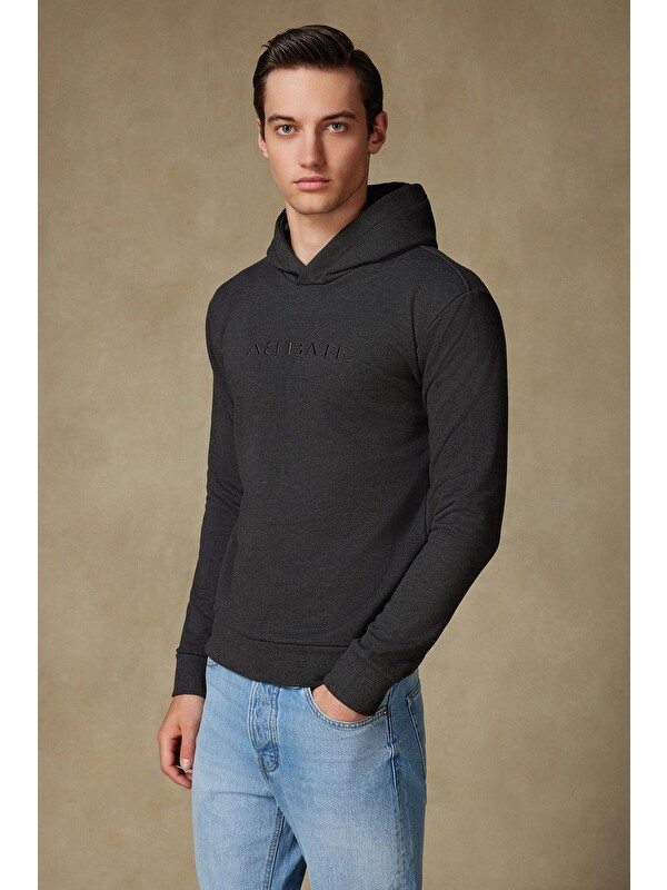 ABBATE Örme Kumaş Pamuklu Comfort Fit Antrasit Bisiklet Yaka Erkek Nakışlı Kapüşonlu Sweatshirt Hoodie