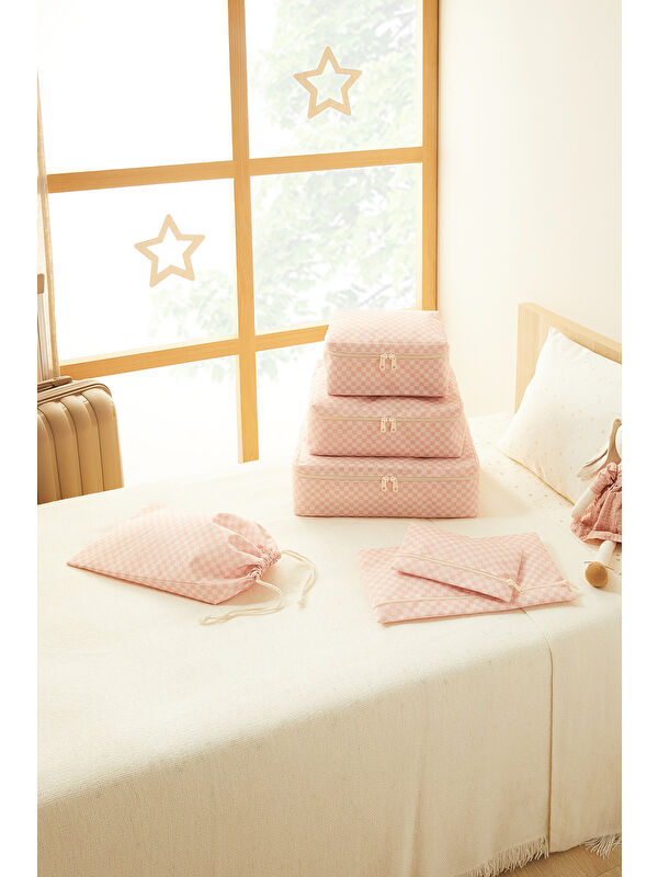 Ocean Home Textile 6'lı Pembe Dama Desen Pamuklu Bavul İçi Düzenleyici Set