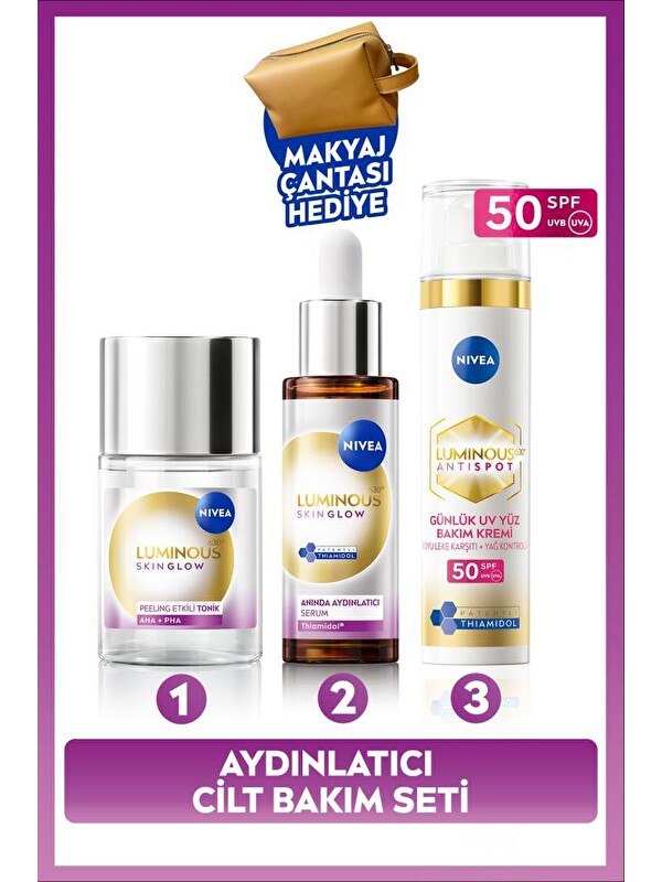 NIVEA SPF50 Luminous630 Leke Karşıtı Yüz Kremi 40ml, Aydınlatıcı Serum 30ml ve Tonik 100ml, Çanta Hediye