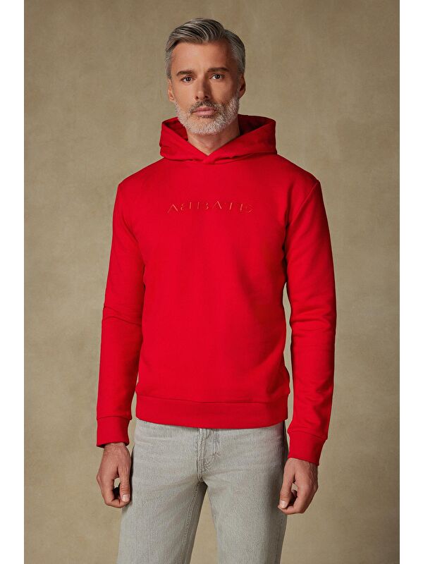 ABBATE Örme Kumaş Pamuklu Comfort Fit Kırmızı Kapüşonlu Erkek Nakışlı Hoodie