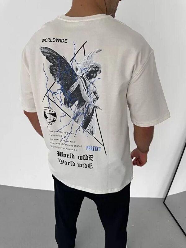 Jane's Unisex Bisiklet Yaka Baskılı Oversize T-Shirt - Beyaz