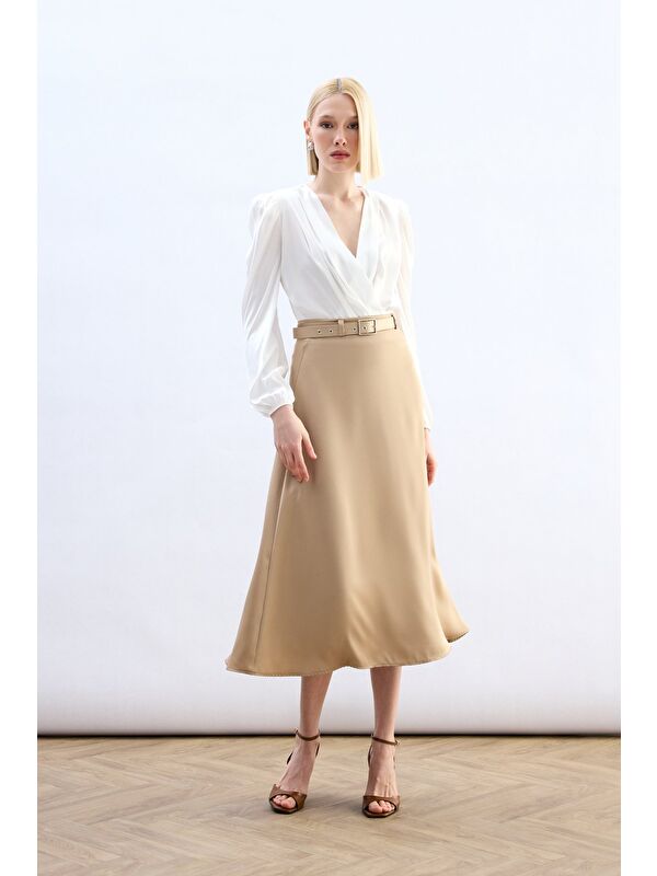 SATEEN Kemerli Saten Etek - Camel
