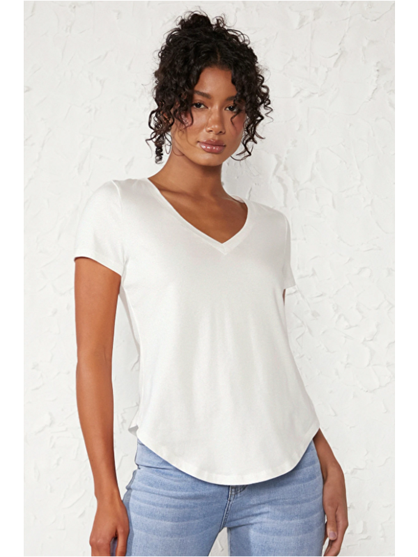 Tarz Cool Kadın V Yaka Beyaz Basic Tişört Pamuklu Kısa Kollu Günlük T-Shirt