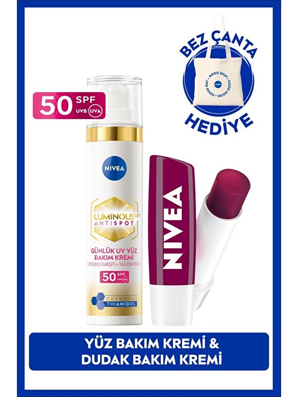 NIVEA SPF50 Luminous630 Thiamidol Leke Karşıtı Gündüz Kremi 40ml ve Böğürtlen Dudak Kremi, Çanta Hediye