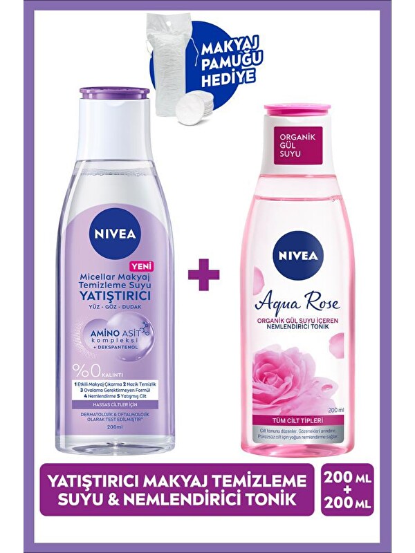 NIVEA Yatıştırıcı Micellar Makyaj Temizleme Suyu 200ml ve Nemlendirici Tonik, Pamuk Hediyeli Bakım Rutini