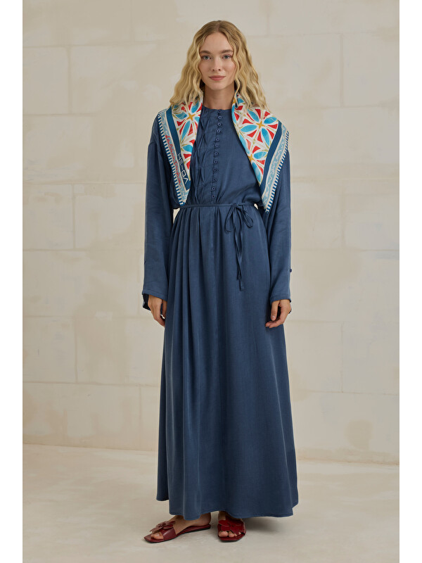 HE-QA Nervür Motifli Liyosel Abaya Jean Mavi