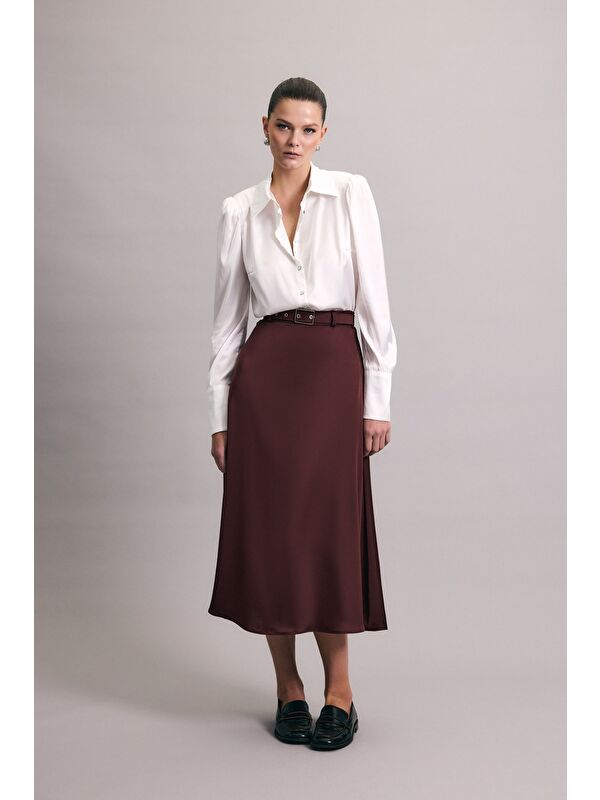 SATEEN Kemerli Saten Etek - Bordo