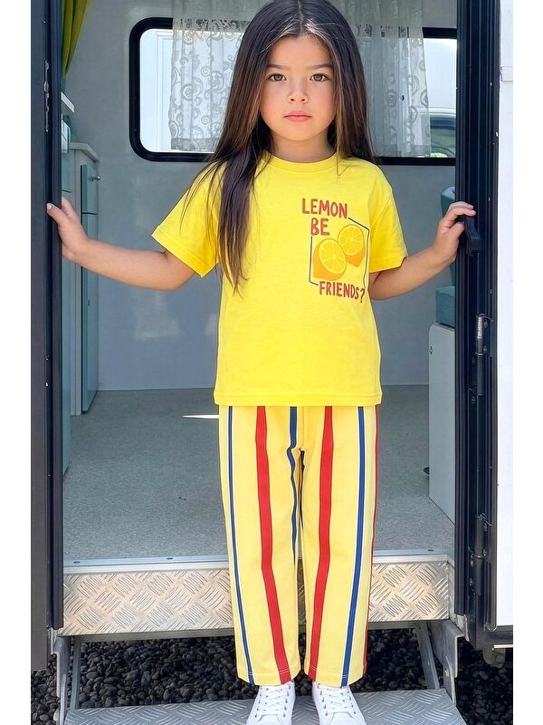 Monila Unisex Çocuk Pamuklu Sarı Limon Baskılı T-Shirt Ve Eşofman Alt Üst Takım