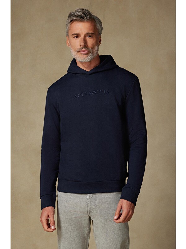 ABBATE Örme Kumaş Pamuklu Comfort Fit Lacivert Kapüşonlu Erkek Nakışlı Hoodie
