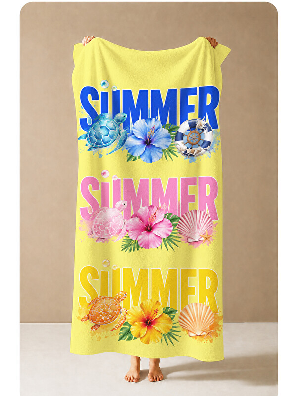 Milbay Grup Pop Art Summer Yazılı Renkli Desenli 70x150 Plaj Havlusu - Dijital Baskılı Solmaz Banyo Havlusu