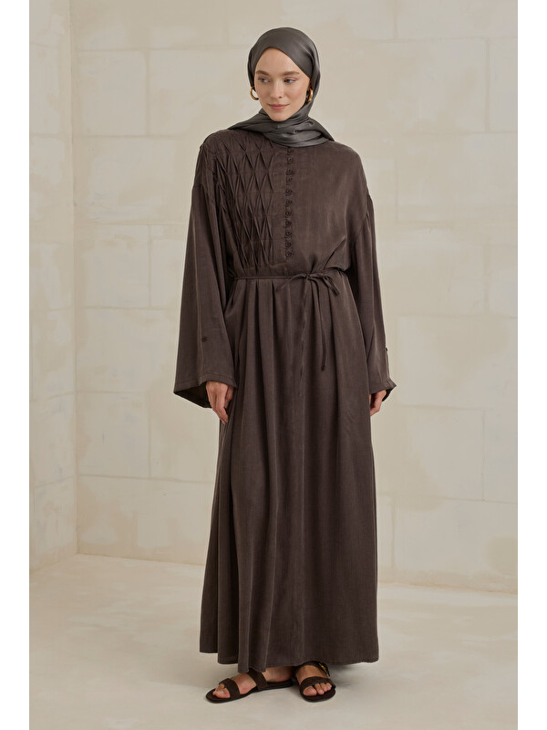 HE-QA Nervür Motifli Liyosel Abaya Acı Kahve