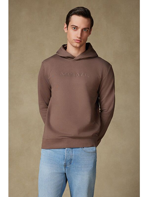 ABBATE Örme Kumaş Pamuklu Comfort Fit Kahverengi Bisiklet Yaka Erkek Nakışlı Kapüşonlu Sweatshirt Hoodie