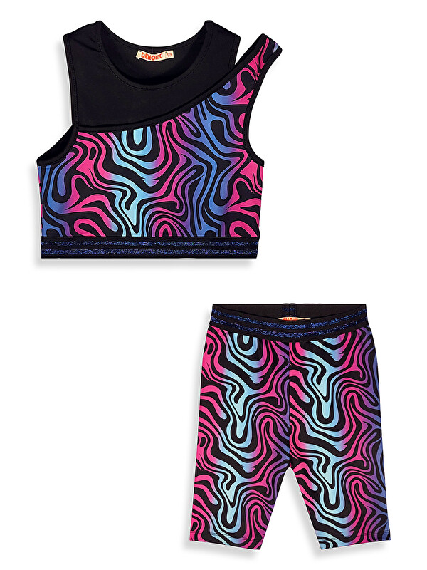Denokids Renkli Zebra Crop Top Kız Çocuk Spor Tayt Takım