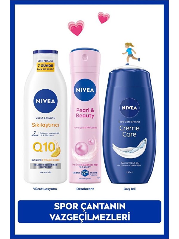 NIVEA Kadın Bakım Çeyiz Seti, Q10 Sıkılaştırıcı Losyon 250ml, Pearl&Beauty Deodorant 150ml ve Duş Jeli