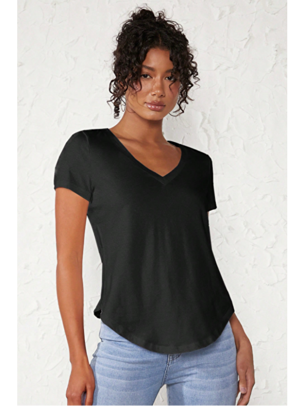 Tarz Cool Kadın V Yaka Siyah Basic Tişört Pamuklu Kısa Kollu Günlük T-Shirt