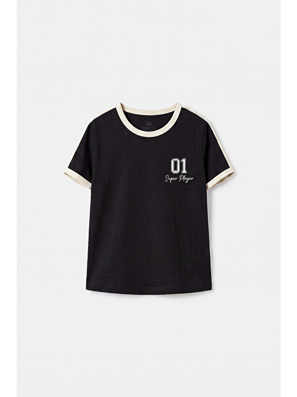 Tommylife Siyah Omuz Biye Detaylı Baskılı Kız Çocuk T-Shirt - 75181
