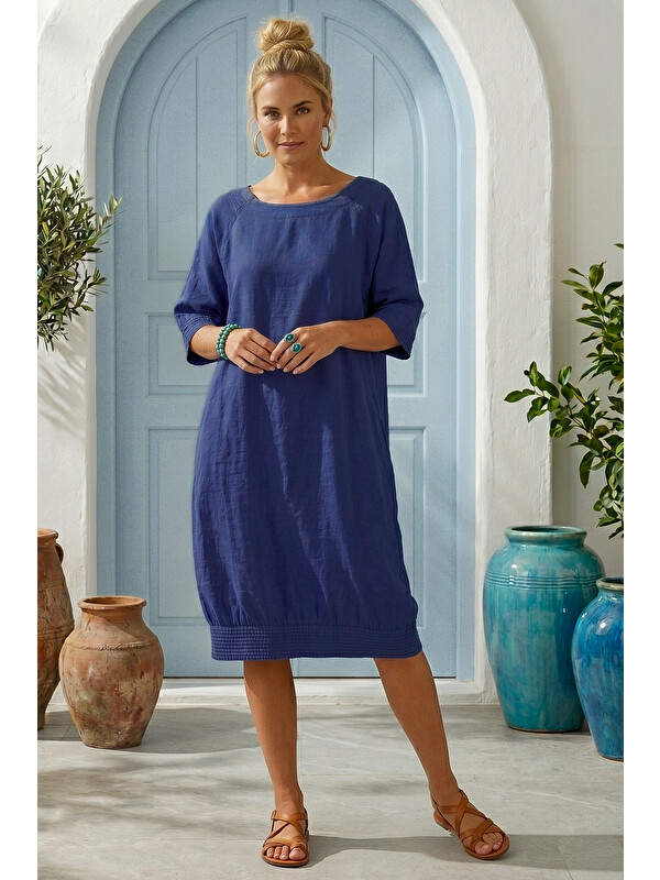 Chiccy Mor Kayık Yaka 3/4 Kol Cepli Casual 100% Keten Dokuma Elbise 102 61