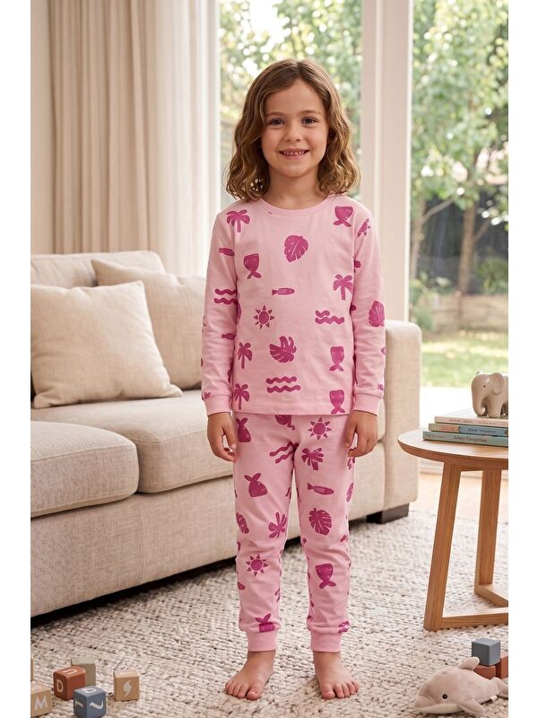 ZUZUNGA Deniz Temalı Pembe Renk %100 Pamuk Kız Çocuk Pijama Takımı
