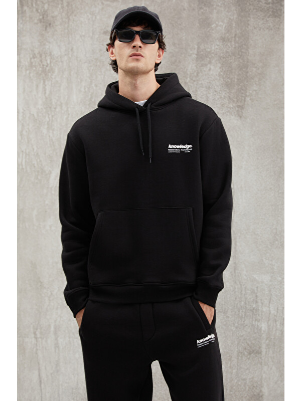 GRIMELANGE BRYANER Erkek Yumuşacık İçi Polarlı Baskılı Regular Kordonlu SİYAH Sweatshirt