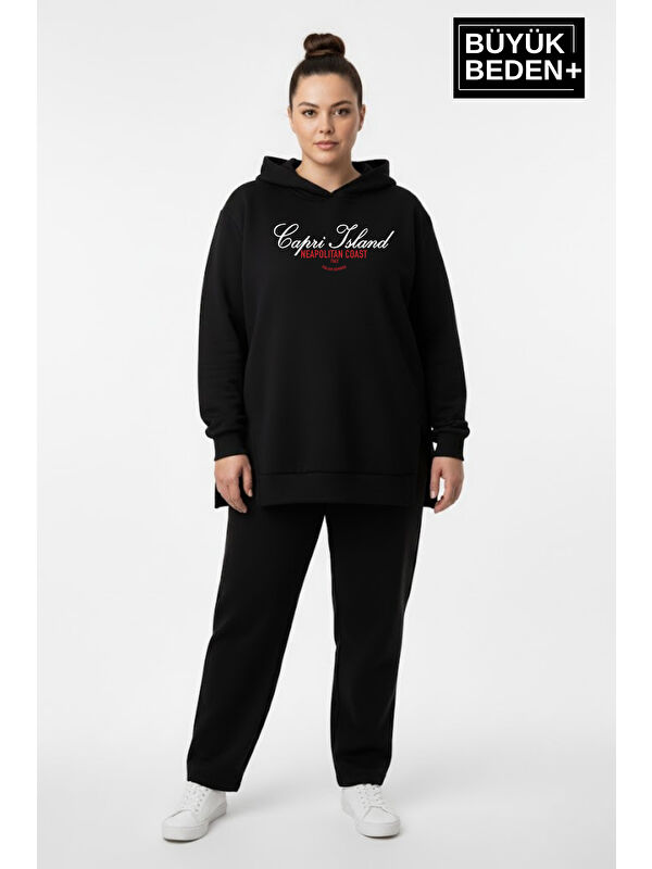 Süperlife Büyük Beden Kapüşonlu Capri İsland Baskılı Tunik ince Sweatshırt SPR26BTK991-2