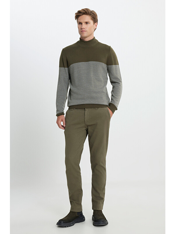 Altınyıldız Classics Erkek Haki Pamuklu Slim Fit Dar Kesim Armürlü Yan Cep Esnek Casual Pantolon