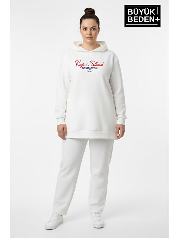 Süperlife Büyük Beden Kapüşonlu Capri İsland Baskılı Tunik ince Sweatshırt SPR26BTK991-2