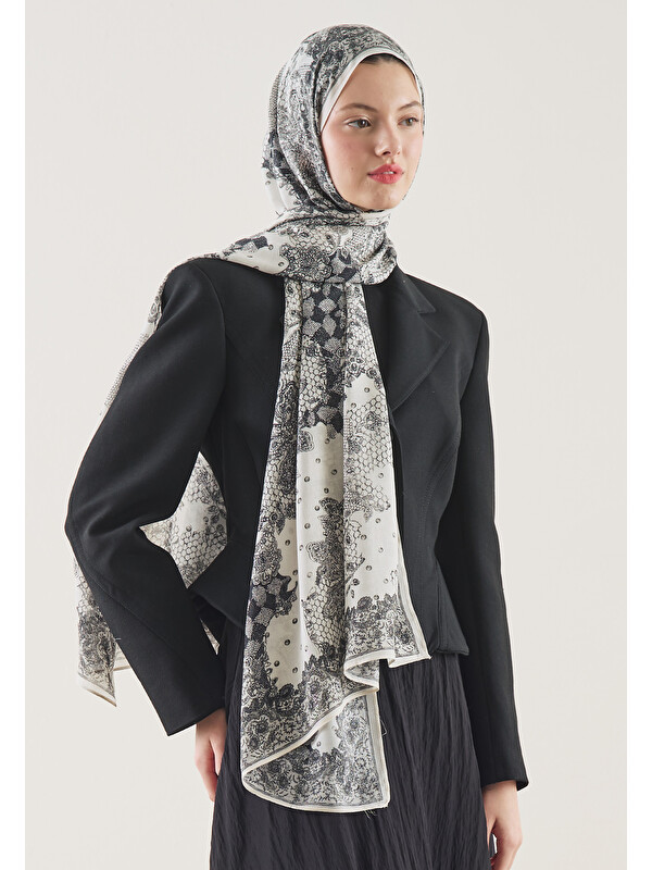Fresh Scarfs Floral Lace Desen Rami Şal Ekru