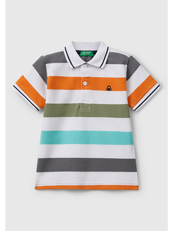 United Colors Of Benetton Erkek Çocuk Turuncu Mix Çizgili Logo İşlemeli Polo Tişört