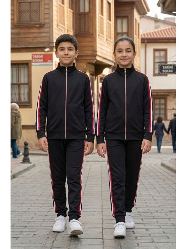 Pina Kids Unisex Çocuk Dik Yaka Üç Şeritli Şardonlu Dalgıç Eşofman Takımı