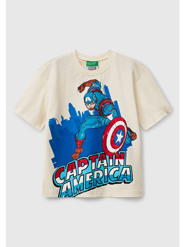 United Colors Of Benetton Erkek Çocuk Ekru Marvel Kahraman Baskılı Logo Etiketli Tişört