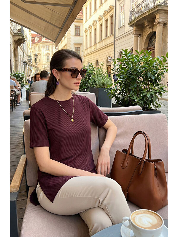 Lela Oversize Bisiklet Yaka Yırtmaç Detaylı Kadın Bluz 5869000