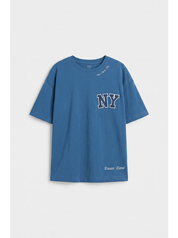 Tommylife Koyu Mavi Oversize Kısa Kollu Baskılı Kız Çocuk T-Shirt - 75174