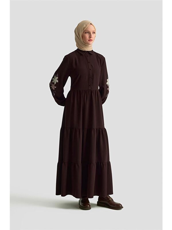 ARMİNE Nakışlı Katlı Elbise 25Kd1121 Kahverengİ