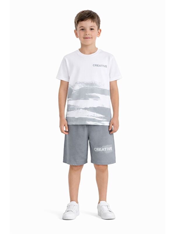 Cansın Mini Gri Creative Yazılı Desenli Tişörtlü Erkek Çocuk Şortlu Takım 23792