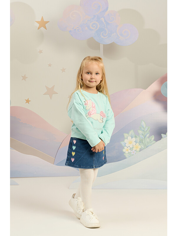 Minycenter Kalp Nakışlı Bel Lastikli Örme Denim Etek 2-6 Yaş Mavi