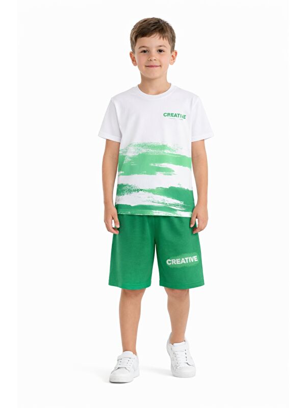 Cansın Mini Yeşil Creative Yazılı Desenli Tişörtlü Erkek Çocuk Şortlu Takım 23790