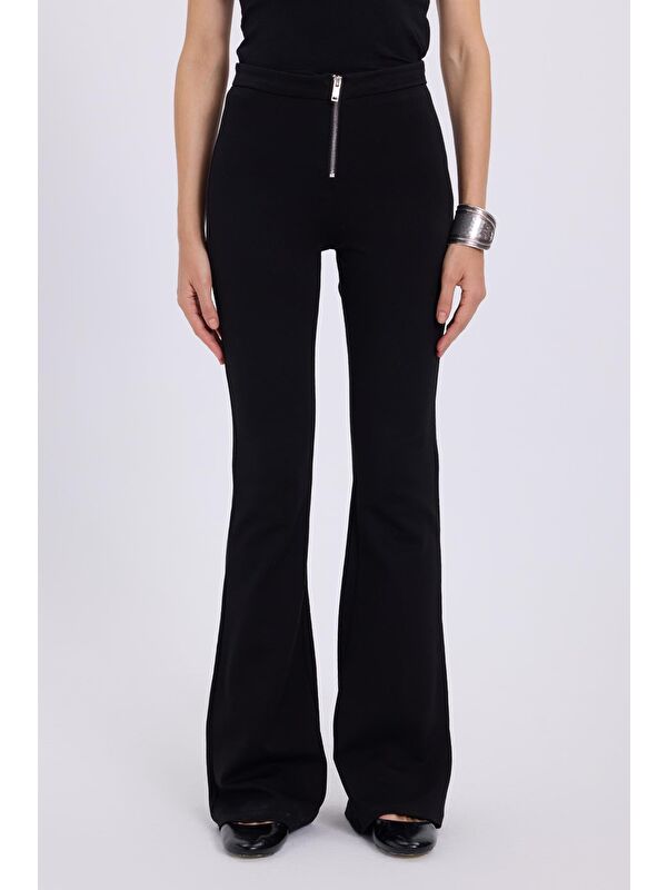TUDORS Kadın Slim Fit Dar Kesim Geniş Paça Fermuarlı Siyah Pantolon