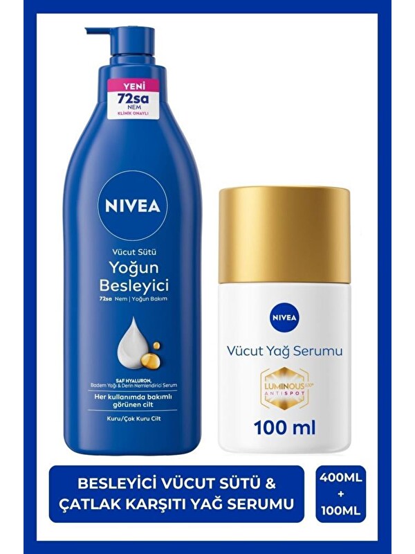 NIVEA Luminous630 Çatlak Karşıtı Vücut Yağ Serumu 100ml ve Besleyici Nemlendirici Vücut Sütü 400ml