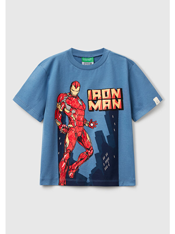 United Colors Of Benetton Erkek Çocuk Havacı Mavi Marvel Kahraman Baskılı Logo Etiketli Tişört