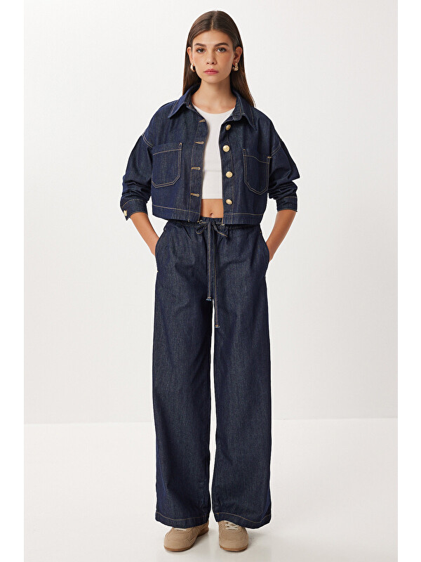 Happiness İstanbul Gold Düğmeli Denim Ceket Pantolon Takım KOYU MAVİ LRI0014