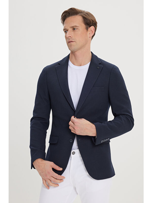 Altınyıldız Classics Erkek Lacivert 360 Derece Her Yöne Esneyen Slim Fit Dar Kesim Mono Yaka Blazer Ceket