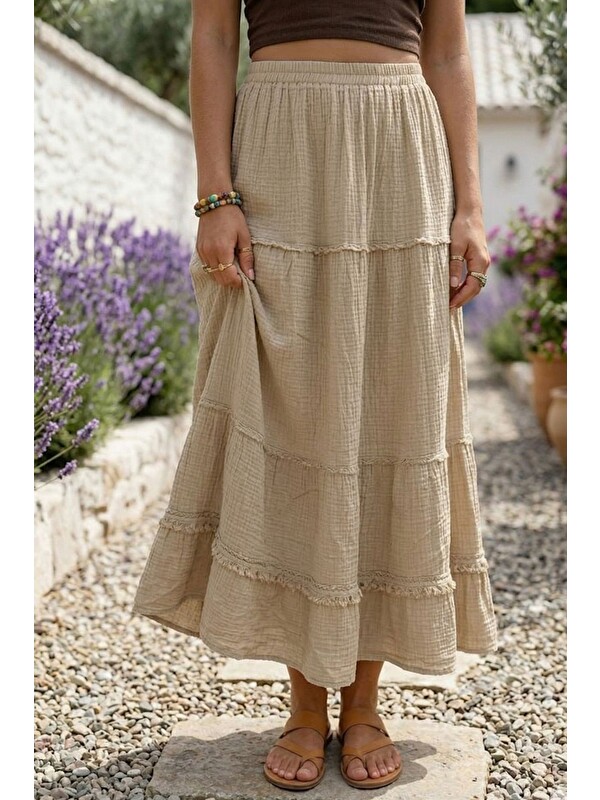 Chiccy Bej Yıkamalı Fırfırlı Lastikli Bel Casual Müslin Uzun Bol Dokuma Etek 98 60